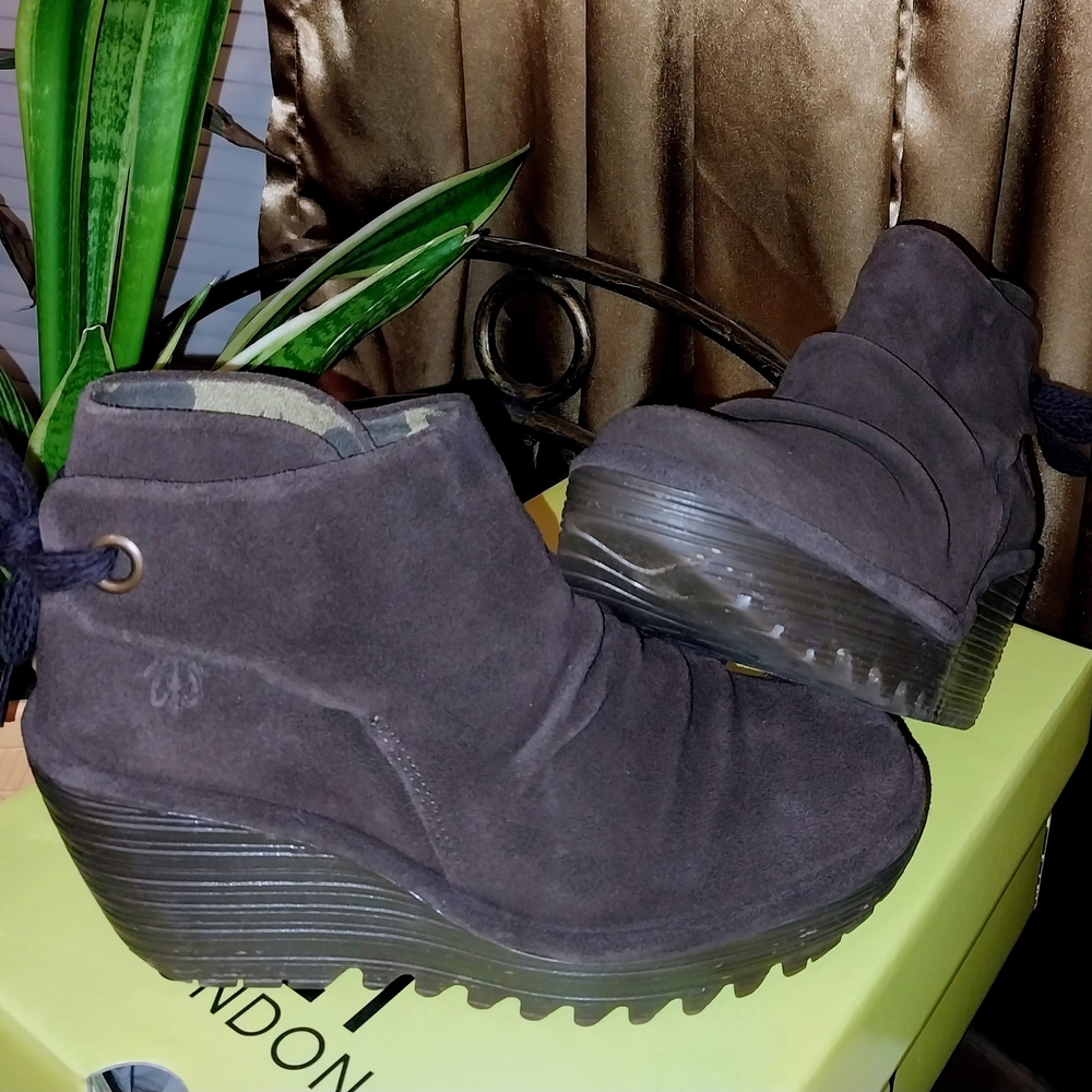Fly London Dark Suede Wedge Boots